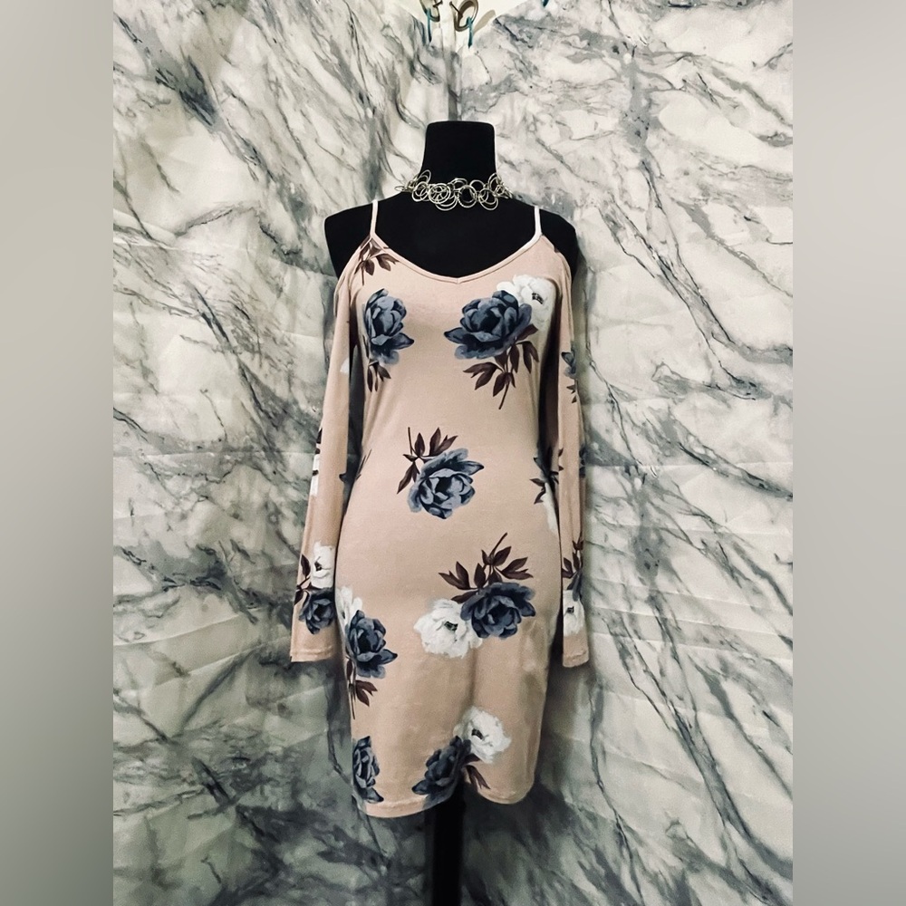 Floral Beige Dress with Blue and White Roses